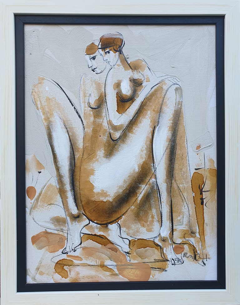 Dve gracije 1, akril na platnu, sa 46×36 cm, bez 40×30 cm, akademski Dušan Rajšić, sertifikat, 11800 dinara