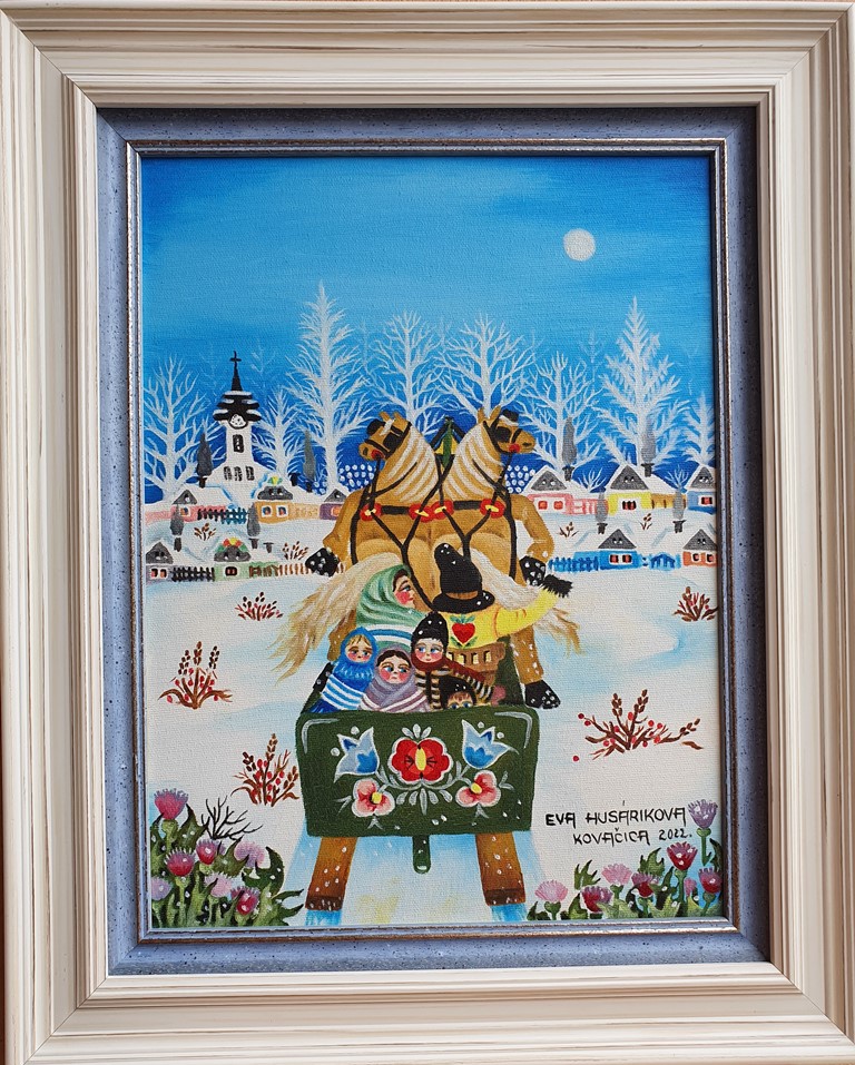 Kočije-sanke, Eva Husarikova, Naiva Kovačica, ulje na platnu, sa 52×42 cm, bez 40×30 cm, sertifikat, 70800 dinara