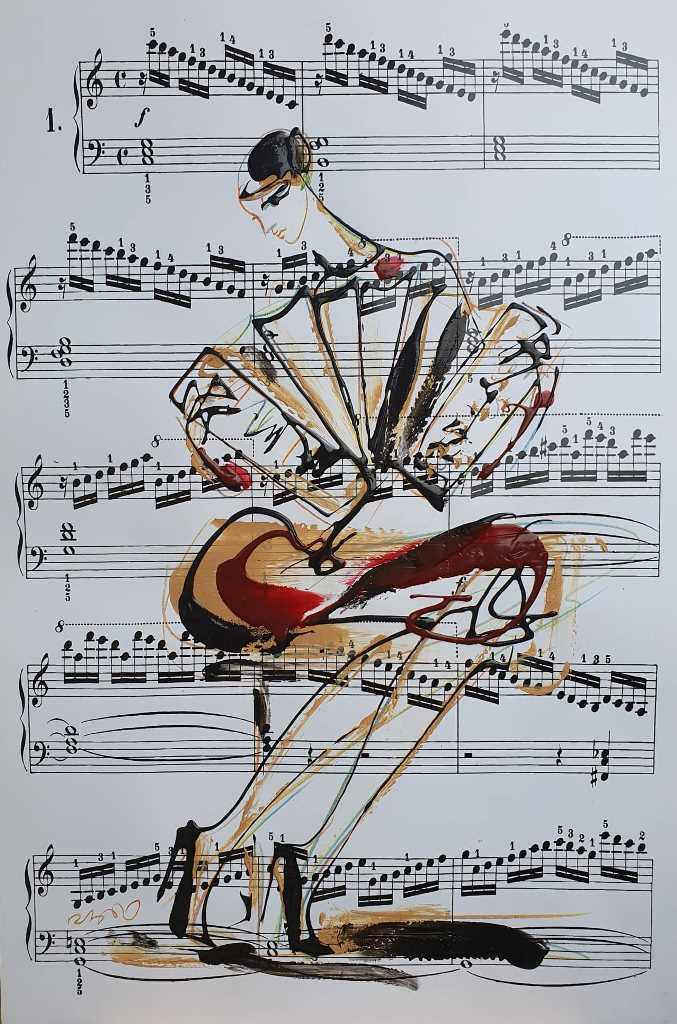 Muzika 3, kombinovana ulje i crtez na papiru, 49×33 cm, akademski Dušan Rajšić, sertifikat, 9440 dinara