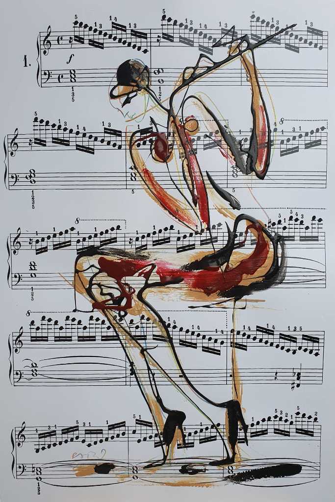 Muzika 6, kombinovana ulje i crtez na papiru, 49×33 cm, akademski Dušan Rajšić, sertifikat, 9440 dinara