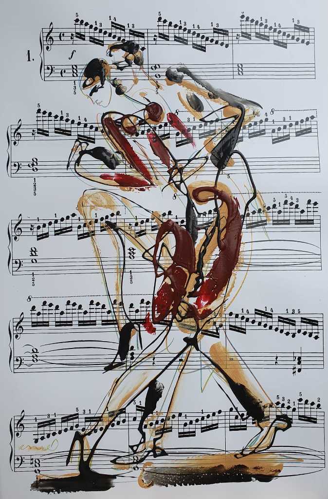 Plesači, kombinovana ulje i crtez na papiru, 49×33 cm, akademski Dušan Rajšić, sertifikat, 9440 dinara