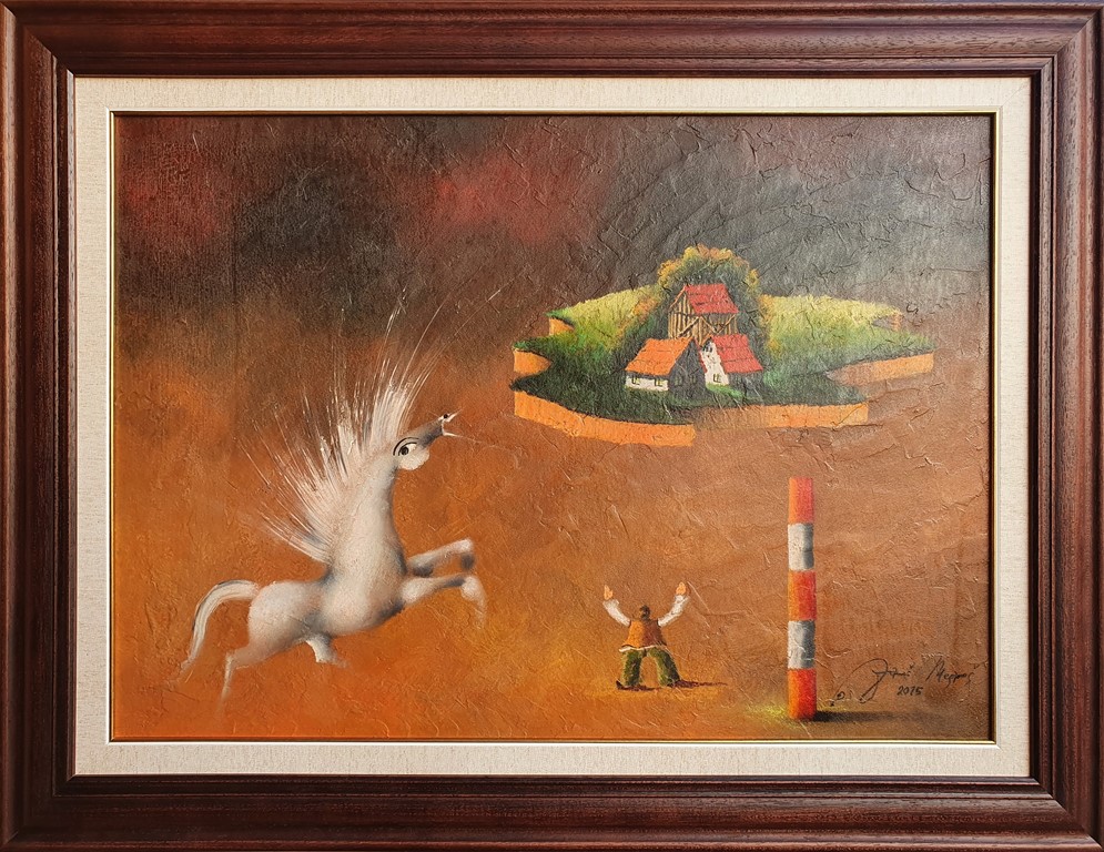 Radost, Janoš Mesaroš, ulje na lesonitu kombinovana tehnika, sa 67×87 cm, bez 50×70 cm, sertifikat, lux ram, 2015.god, 141600 dinara