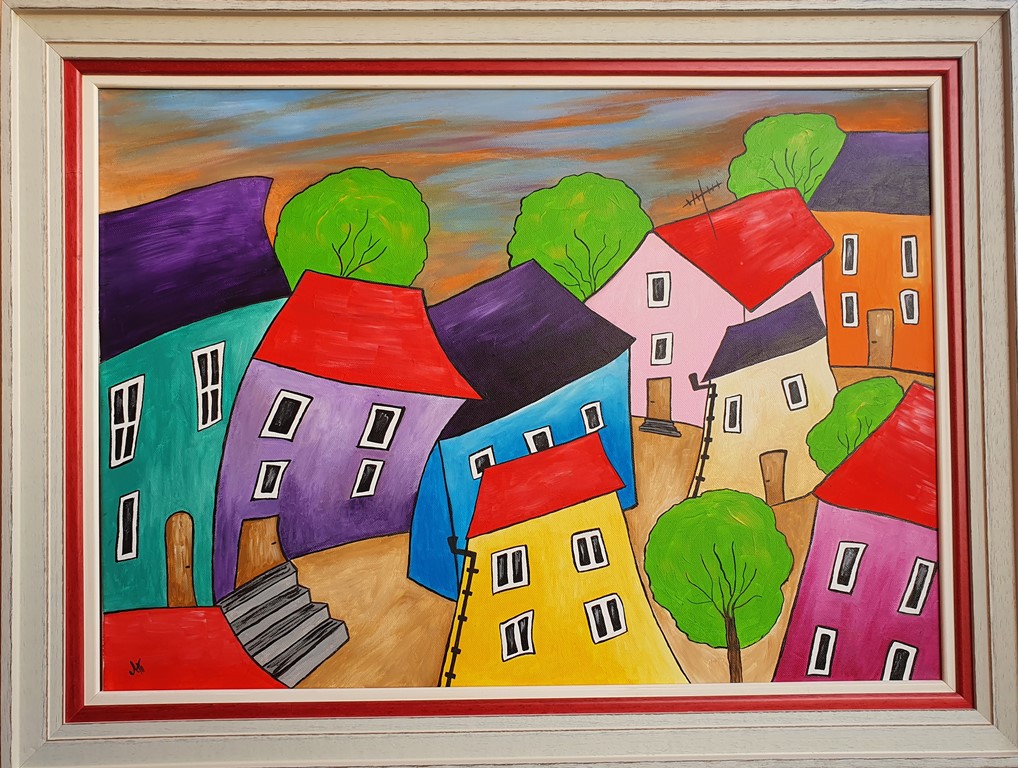 Šarene kuće III, akril na platnu, sa 63×83 cm, bez 50×70 cm, Tijana L., sertifikat, 22420 dinara