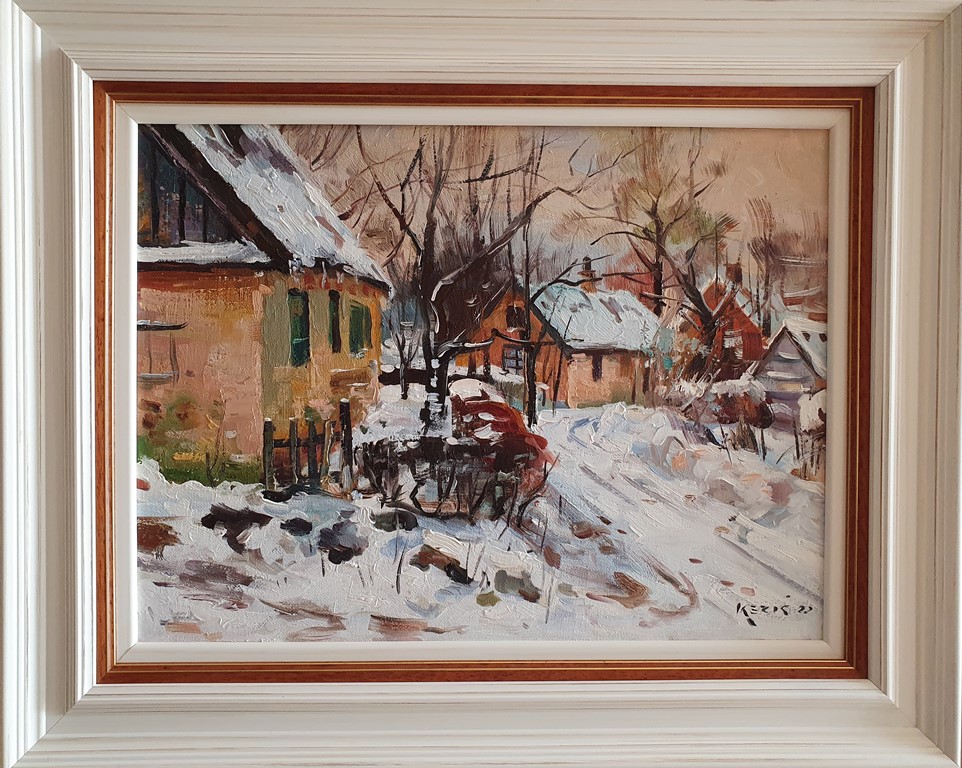 Zima, Zoran Kezić, ulje na platnu, luks uramljena, sa 43×53 cm, bez 30×40 cm, sertifikat, 21240 dinara