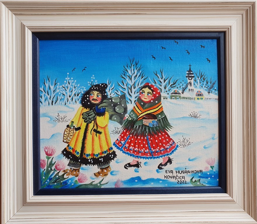 Zimska šetnja, Eva Husarikova, Naiva Kovačica, ulje na platnu, sa 36×41 cm, bez 25×30 cm, sertifikat, 47200 dinara