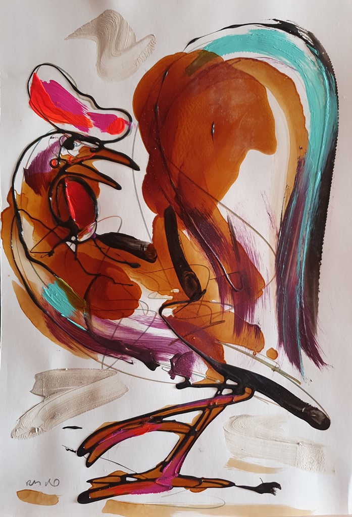 Pevac 2, kombinovana ulje i crtez na papiru, 50×35 cm, akademski Dušan Rajšić, sertifikat, 9440 dinara