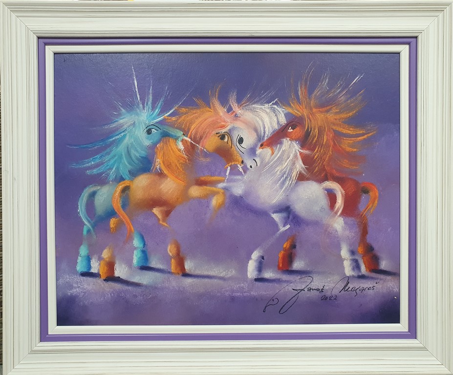 Šareno II, Janoš Mesaroš, kombinovana pastel ulje tehnika, luksuzno uramljena, bez rama 40×50 cm, sa ramom 53×63 cm, sertifikat, 54280 dinara