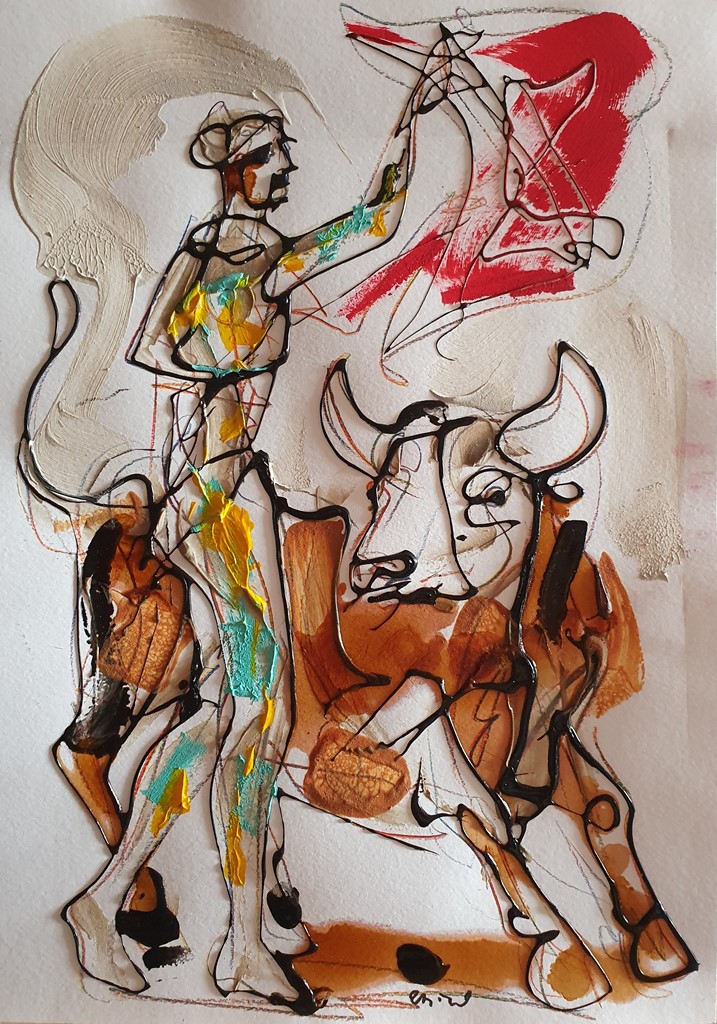 Toreador 2, kombinovana ulje i crtez na papiru, 42×30 cm, akademski Dušan Rajšić, sertifikat, 9440 dinara