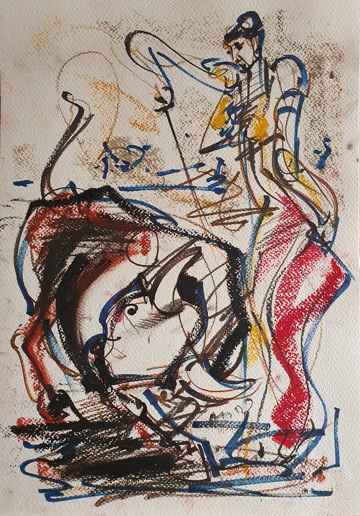 Toreador 3, kombinovana ulje i crtez na papiru, 42×30 cm, akademski Dušan Rajšić, sertifikat, 9440 dinara