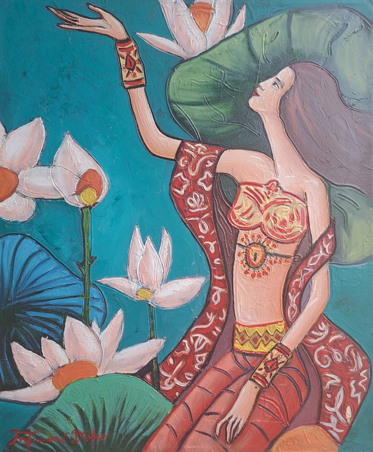 Devojka i cveće 1, Duško Trifunović, 60×50 cm, ulje na platnu, sertifikat, 33040 dinara