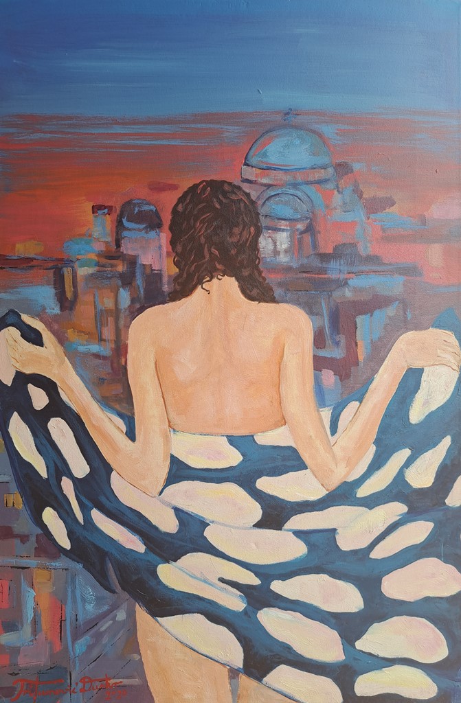 Devojka sa plaštom, Duško Trifunović, 90×60 cm, ulje na platnu, sertifikat, 53100 dinara