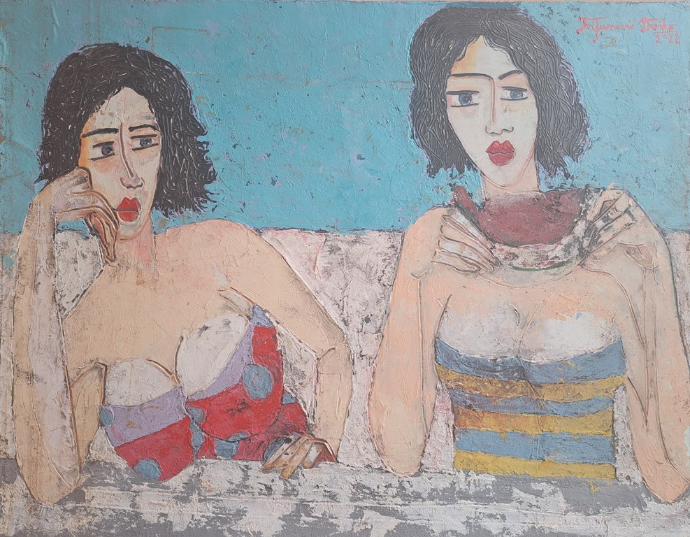 Devojke na Adi jedu lubenicu, Duško Trifunović, 70×90 cm, ulje na platnu, sertifikat, 59000 dinara