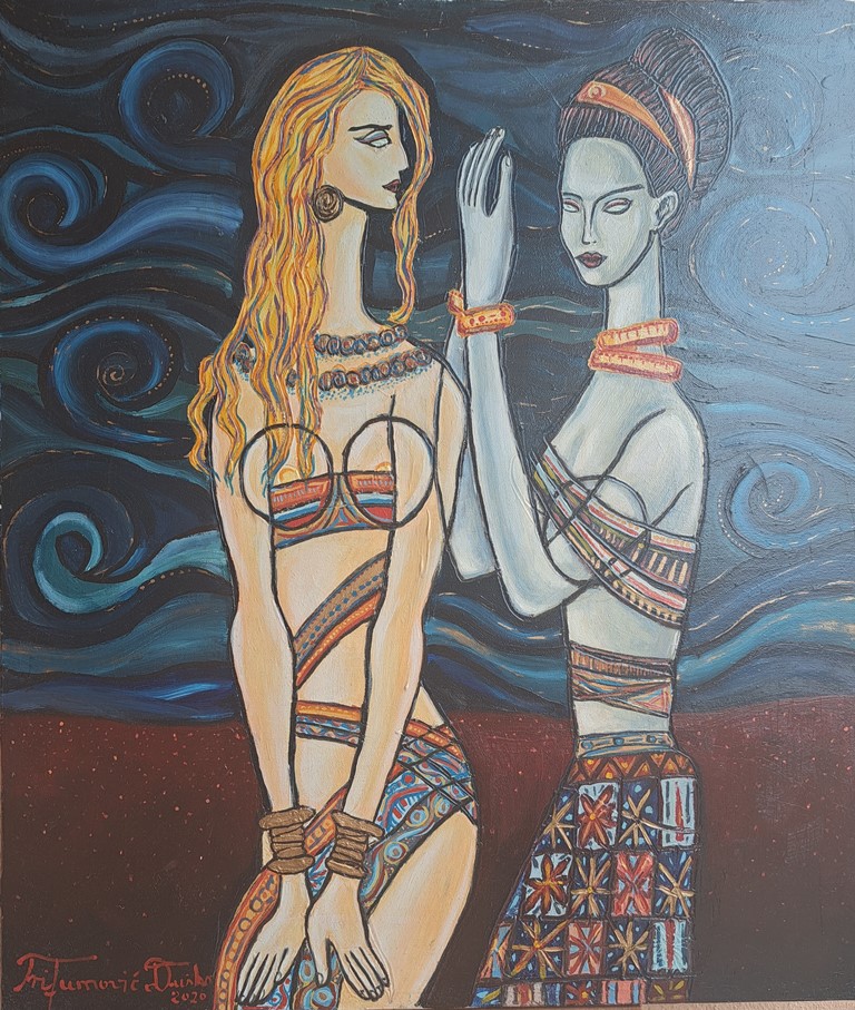 Dve devojke, Duško Trifunović, 70×60 cm, ulje na platnu, sertifikat, 38940 dinara