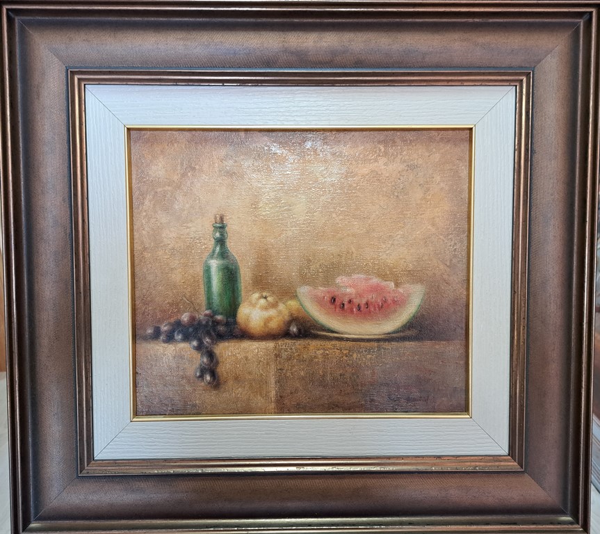 Mrtva priroda, Miodrag Zigić, ulje na platnu, sa 52×57 cm, bez 30×35 cm, lux ram, sertifikat, 35400 dinara