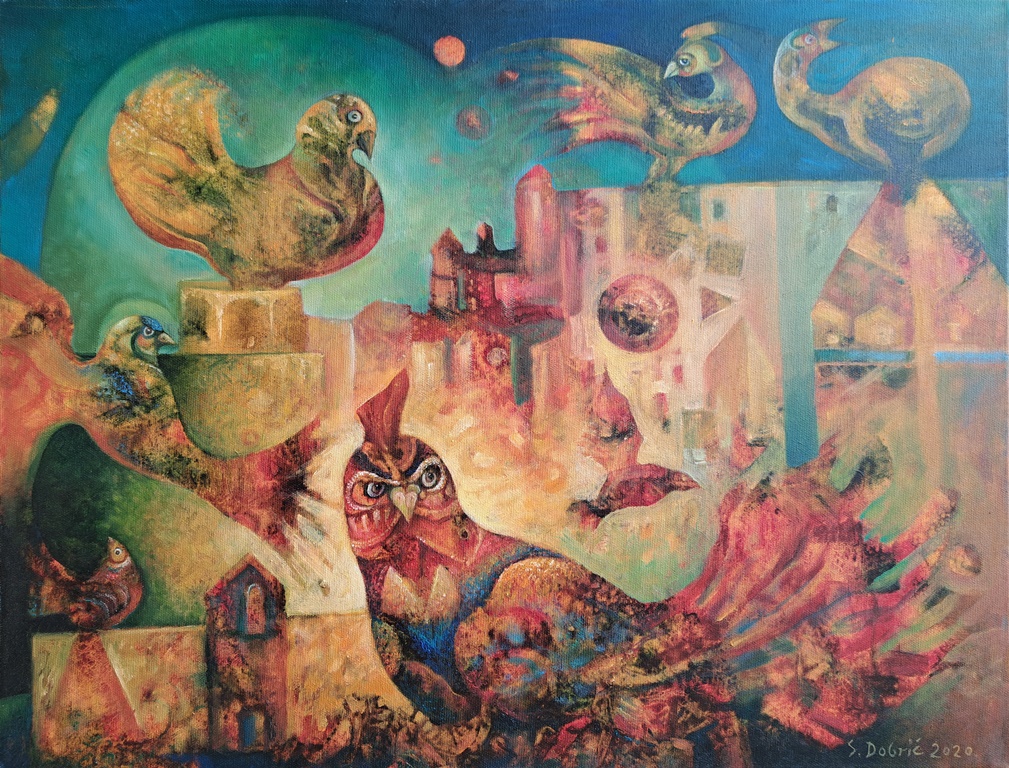 Okupljanje, Saša Dobrić, ulje na platnu, 50×65 cm, sertifikat, 94400 dinara