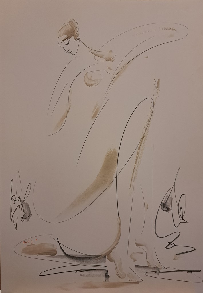 Akt 1, kombinovana ulje i crtez na papiru, 50×35 cm, akademski Dušan Rajšić, sertifikat, 9440 dinara