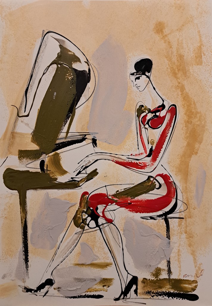 Pijanistkinja 1, kombinovana ulje i crtez na papiru, 50×35 cm, akademski Dušan Rajšić, sertifikat, 9440 dinara