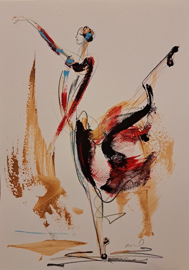 Plesačica 3, kombinovana ulje i crtez na papiru, 50×35 cm, akademski Dušan Rajšić, sertifikat, 9440 dinara