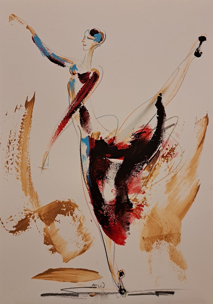 Plesačica 4, kombinovana ulje i crtez na papiru, 50×35 cm, akademski Dušan Rajšić, sertifikat, 9440 dinara