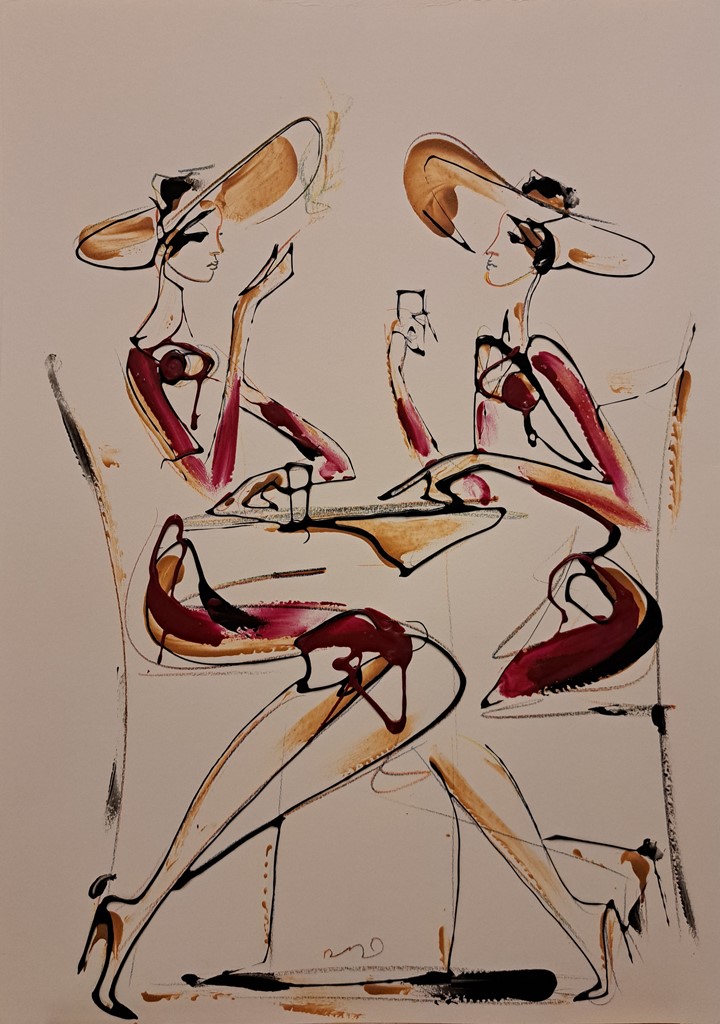 U kafeu 2, kombinovana ulje i crtez na papiru, 50×35 cm, akademski Dušan Rajšić, sertifikat, 9440 dinara