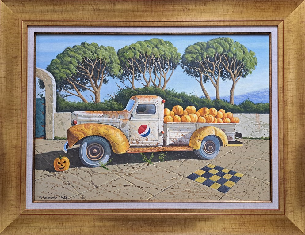 Kamion u dvorištu, Momo Macanović, ulje na platnu, sa 67×87 cm, bez 50×70 cm, sertifikat, 2023., 153400 dinara