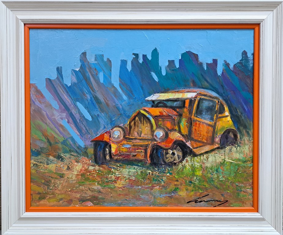 Stari auto III, ulje na platnu, Ivan Vanja Milanovic, sa 53×63 cm, bez 40×50 cm, sertifikat, 15340 dinara