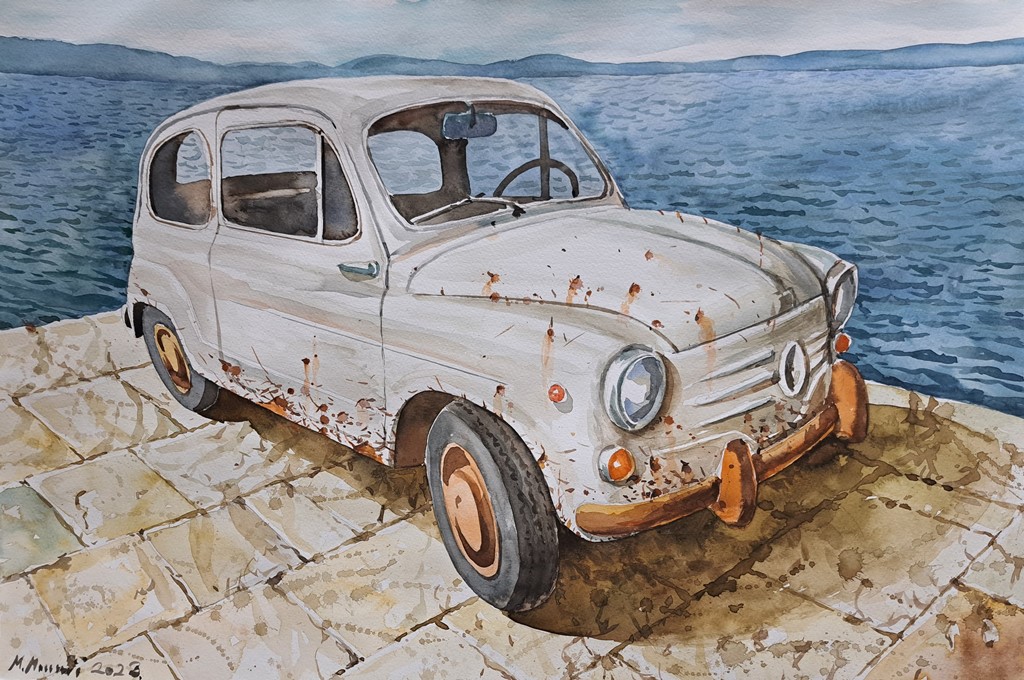 Stari fića II, Momo Macanović, akvarel, 38×56 cm, sertifikat, 2023. , 23600 dinara