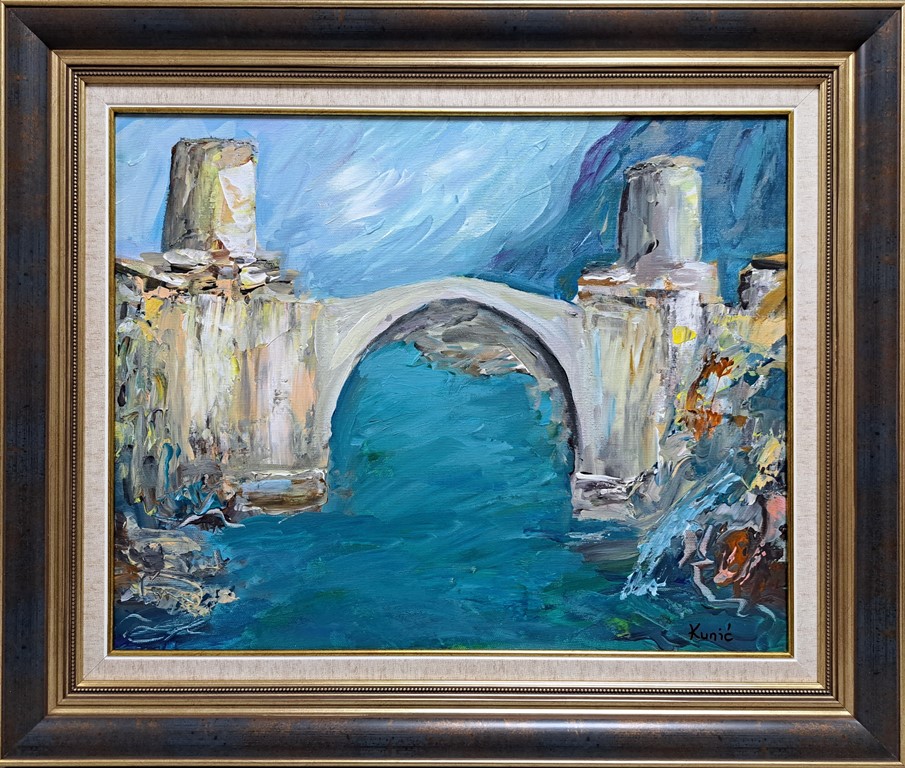 Stari most, ulje na platnu, Dragan Kunić, sertifikat, sa 54×64 cm, lux ram, bez 40×50 cm, 25960 dinara