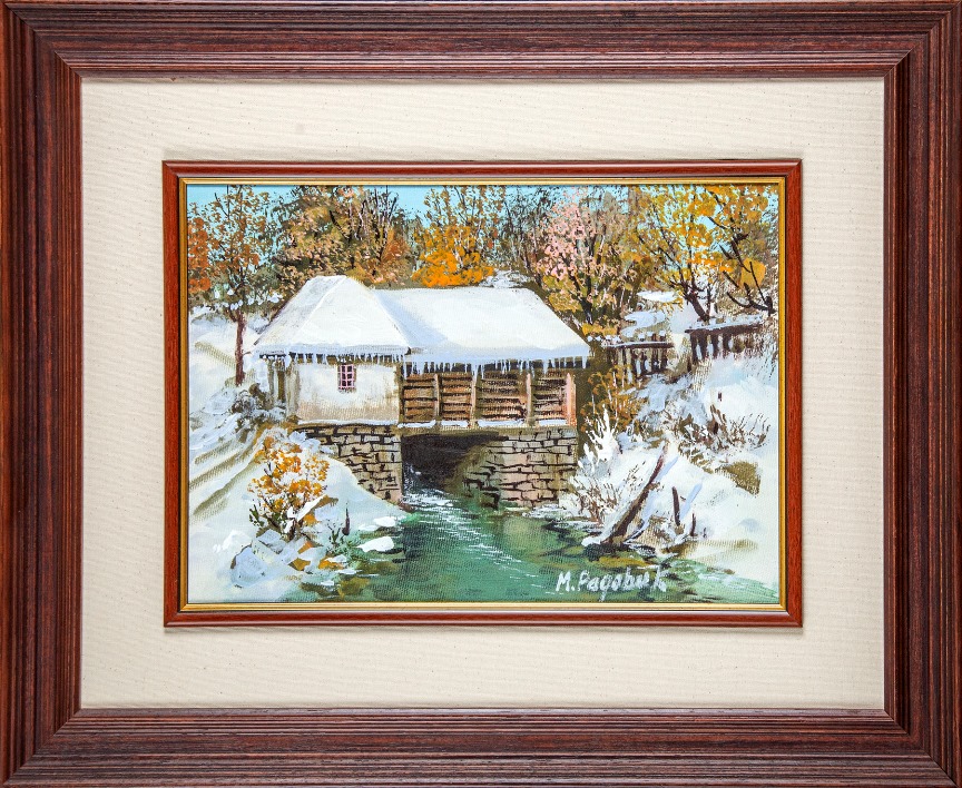 Vodenica pod snegom, ulje na platnu, luksuzno uramljen, sa 45×55 cm, bez 25×35 cm, sertifikat, Miroslav Radovic, 15340 dinara