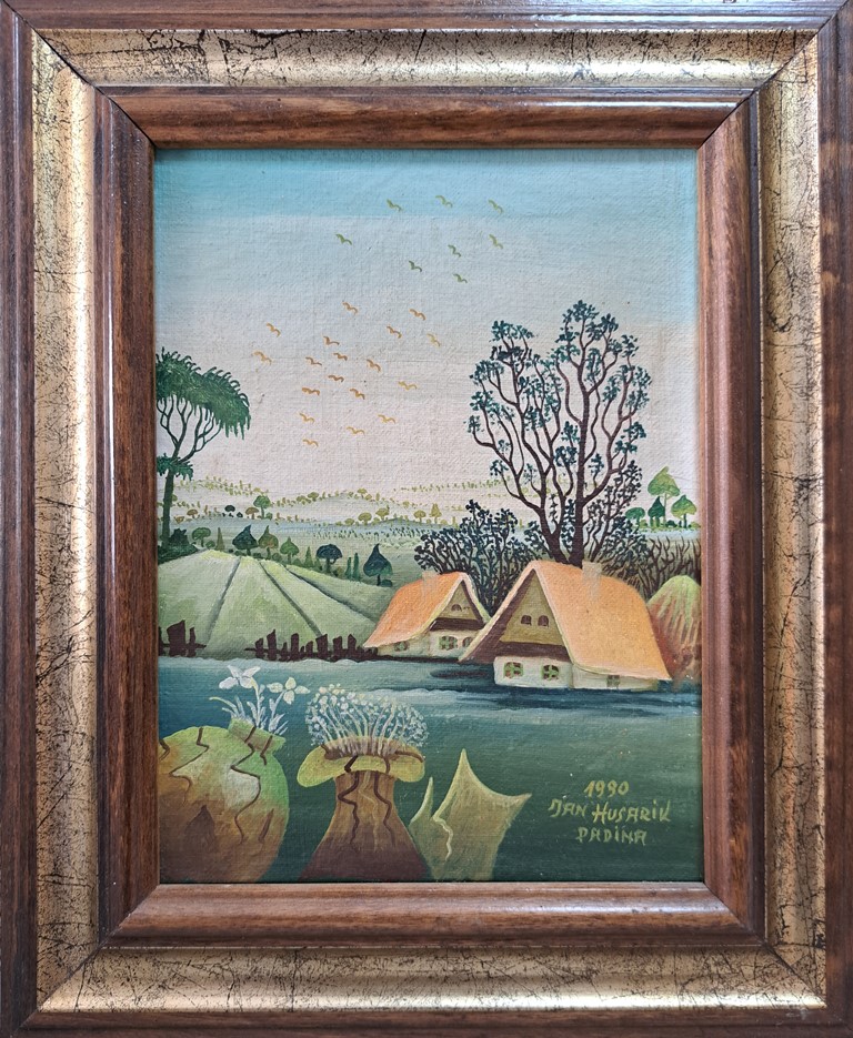 Selo, Jan Husarik, naiva, ulje na platnu, sa 28×23 cm, bez 20×15 cm, 1990.god, sertifikat, 76700 dinara