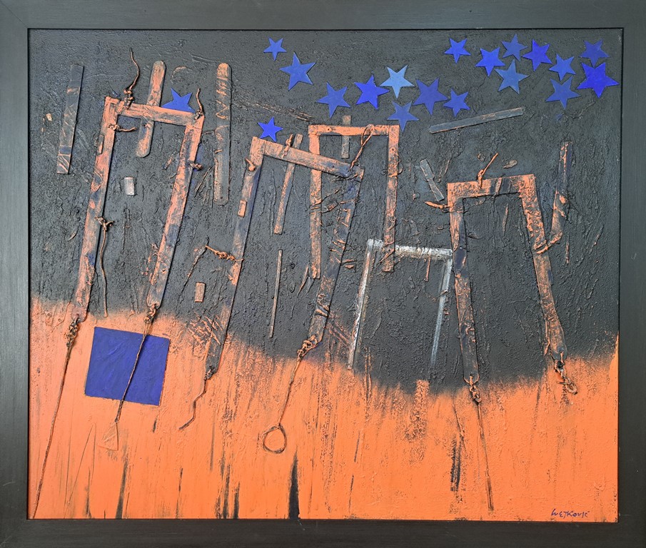 Tema za Aurigu, Aleksandar Cvetković, sa 111×131 cm, bez 100×120 cm, kombinovana tehnika na platnu, sertifikat, 590000 dinara