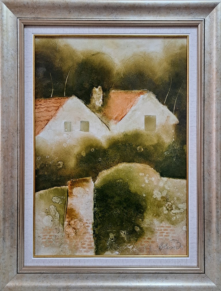Dve kuće, Pavle Blesić, kombinovana tehnika ulje na lesonitu, sa 64×49 cm, bez 50×35 cm, sertifikat, mišljenje Kusovca, 82600 dinara