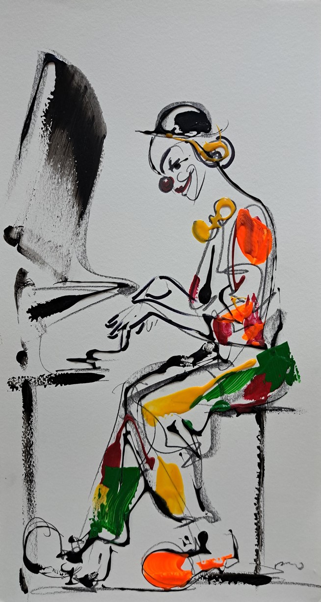 Klovn 9, kombinovana ulje i crtez na papiru, 42×23 cm, akademski Dušan Rajšić, sertifikat, 7080 dinara