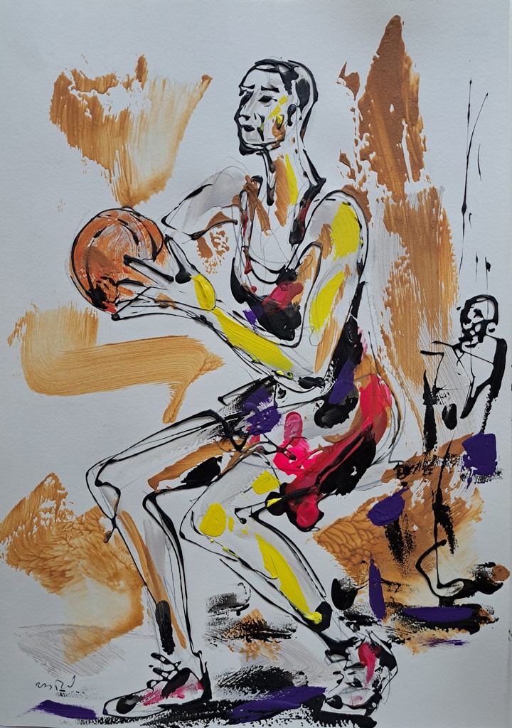Košarkaš 1, kombinovana ulje i crtez na papiru, 50×35 cm, akademski Dušan Rajšić, sertifikat, 9440 dinara
