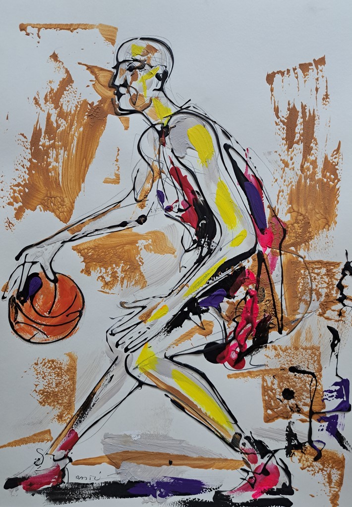 Košarkaš 2, kombinovana ulje i crtez na papiru, 50×35 cm, akademski Dušan Rajšić, sertifikat, 9440 dinara