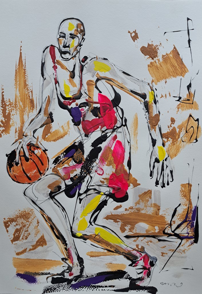 Košarkaš 3, kombinovana ulje i crtez na papiru, 50×35 cm, akademski Dušan Rajšić, sertifikat, 9440 dinara