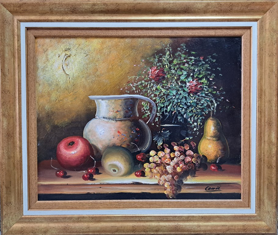 Mrtva priroda veca 1, Dragan Canić, ulje na platnu, sertifikat, luksuzno uramljena, sa 55×65 cm, bez 40×50 cm, 23600 dinara