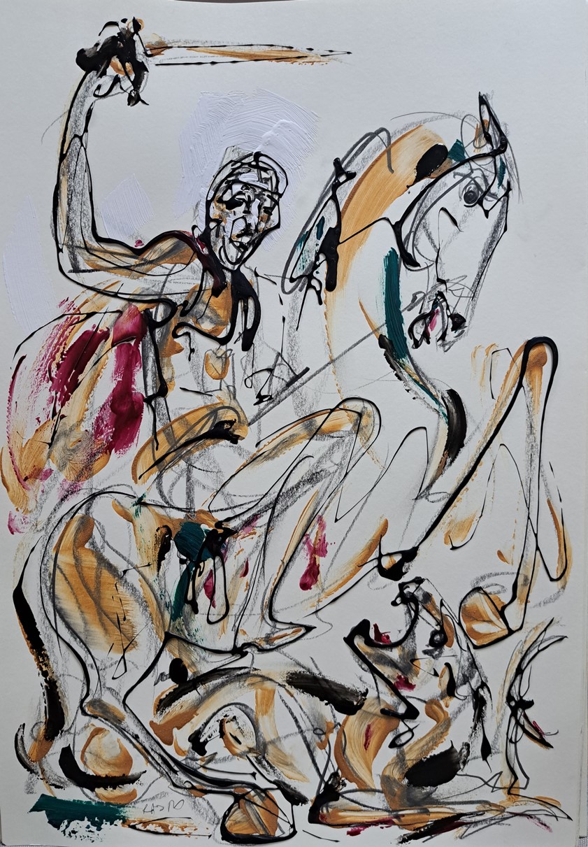 Sveti Georgije 1, kombinovana ulje i crtez na papiru, 50×35 cm, akademski Dušan Rajšić, sertifikat, 9440 dinara