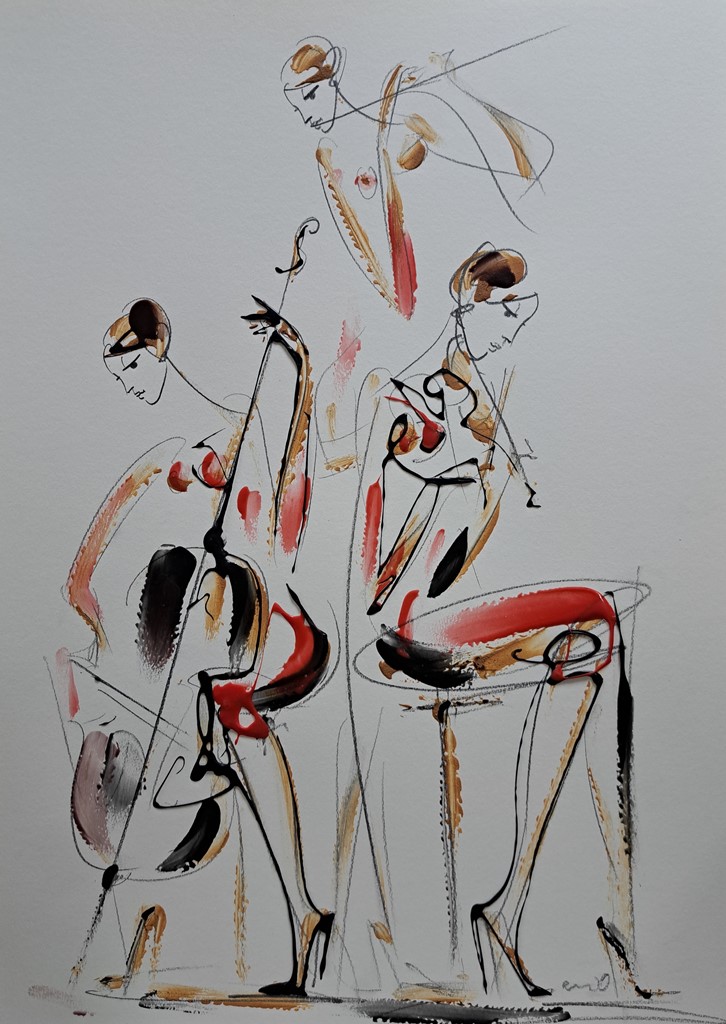 Trio muzicira 2, kombinovana ulje i crtez na papiru, 50×35 cm, akademski Dušan Rajšić, sertifikat, 9440 dinara