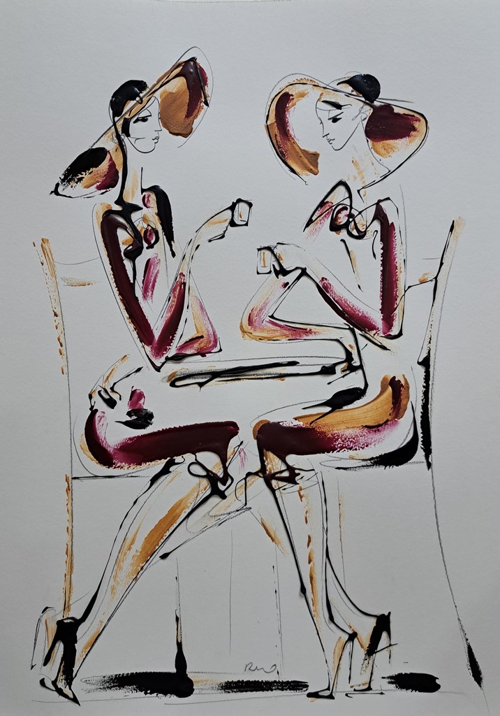 U kafeu 3, kombinovana ulje i crtez na papiru, 50×35 cm, akademski Dušan Rajšić, sertifikat, 9440 dinara