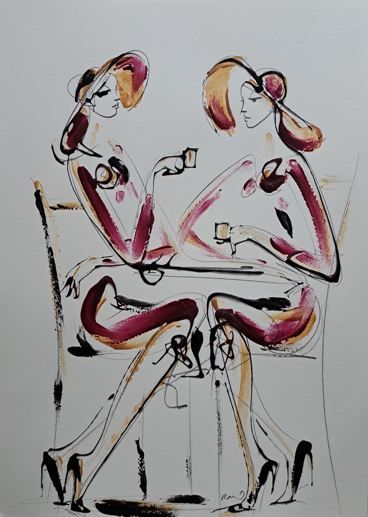 U kafeu 4, kombinovana ulje i crtez na papiru, 50×35 cm, akademski Dušan Rajšić, sertifikat, 9440 dinara