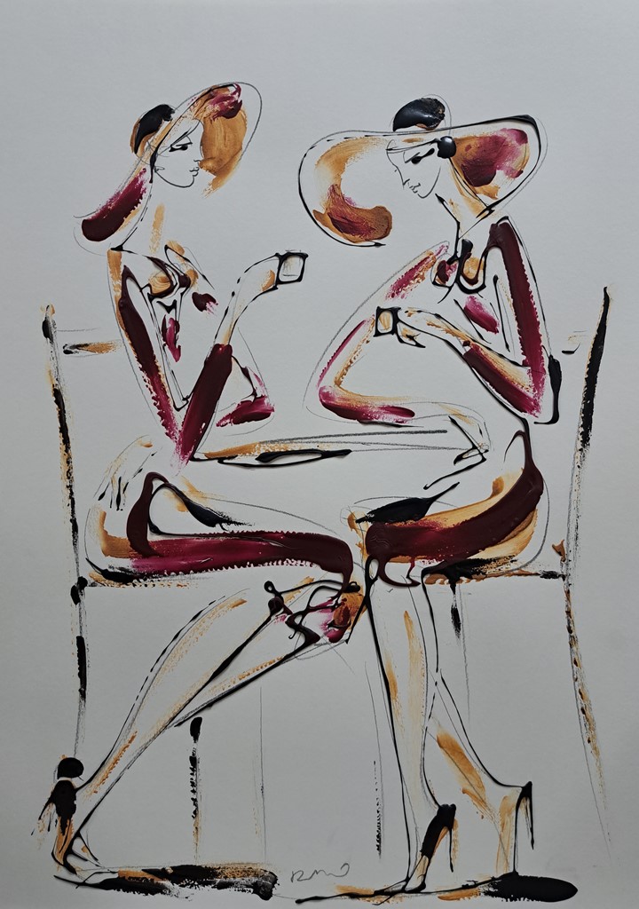 U kafeu 7, kombinovana ulje i crtez na papiru, 50×35 cm, akademski Dušan Rajšić, sertifikat, 9440 dinara