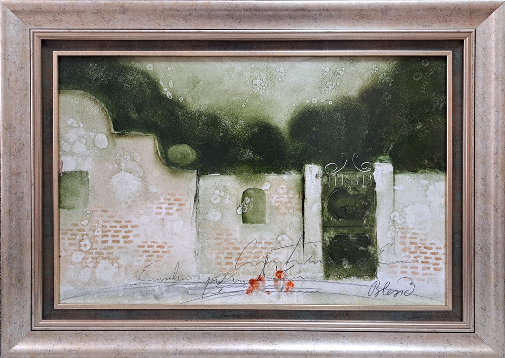 Zid sa kapijom, Pavle Blesić, kombinovana tehnika ulje na lesonitu, sa 48×67 cm, bez 35×54 cm, sertifikat, mišljenje Kusovca, 82600 dinara