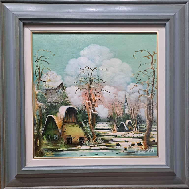 Zima na salašu, Adam Mezin, ulje na platnu, sa 61×61 cm, bez 40×40 cm, sertifikat, 35400 dinara