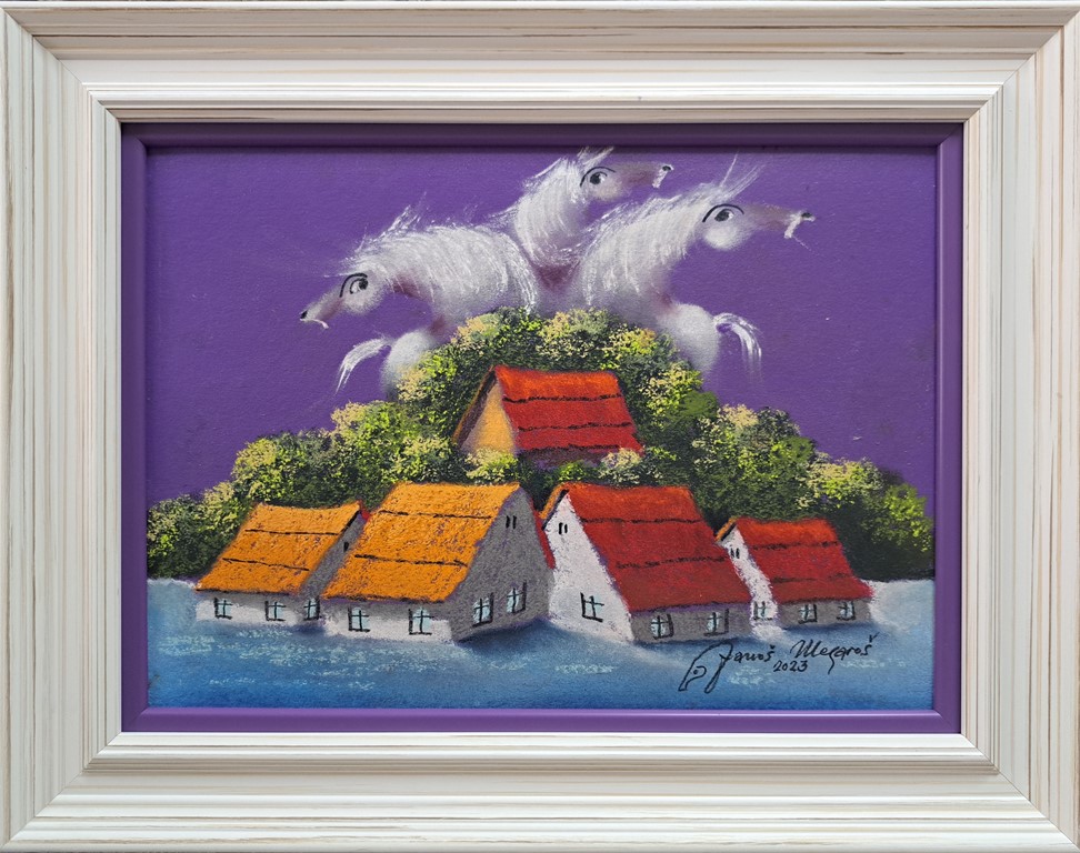 Ljubičasta porodica XI, Janoš Mesaroš, kombinovana tehnika lak pastel, luksuzno uramljen, sa 36×46 cm, bez 25×35 cm, sertifikat, 27140 dinara