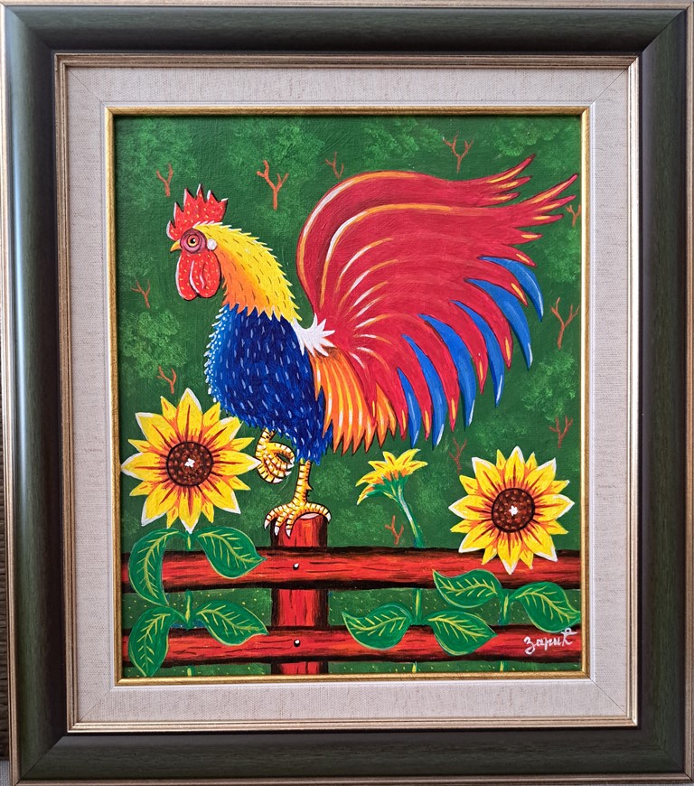 Petao na plotu, Zoran Zarić, ulje na platnu, sa 41×36 cm, bez 30×25 cm, uramljena, sertifikat, 15930 dinara