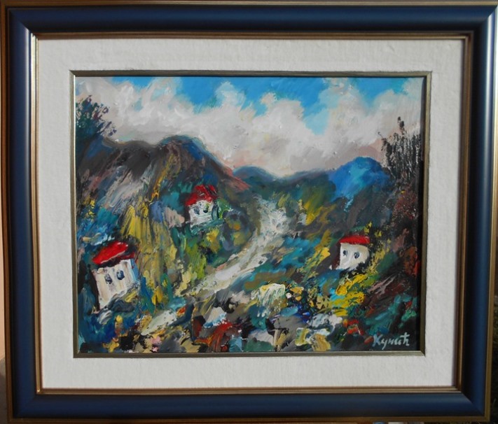 Plavo selo 3, ulje na platnu, Dragan Kunic, sertifikat, sa 61×71 cm, lux ram, bez 40×50 cm, 25960 dinara