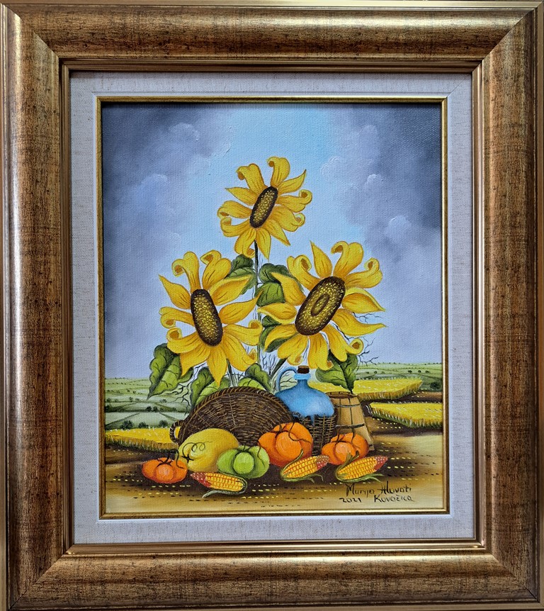 Suncokreti 2, Marija Hlavati, Naiva Kovačica, ulje na platnu kaširano na kartonu, bez 30×25 cm, sertifikat, 20060 dinara