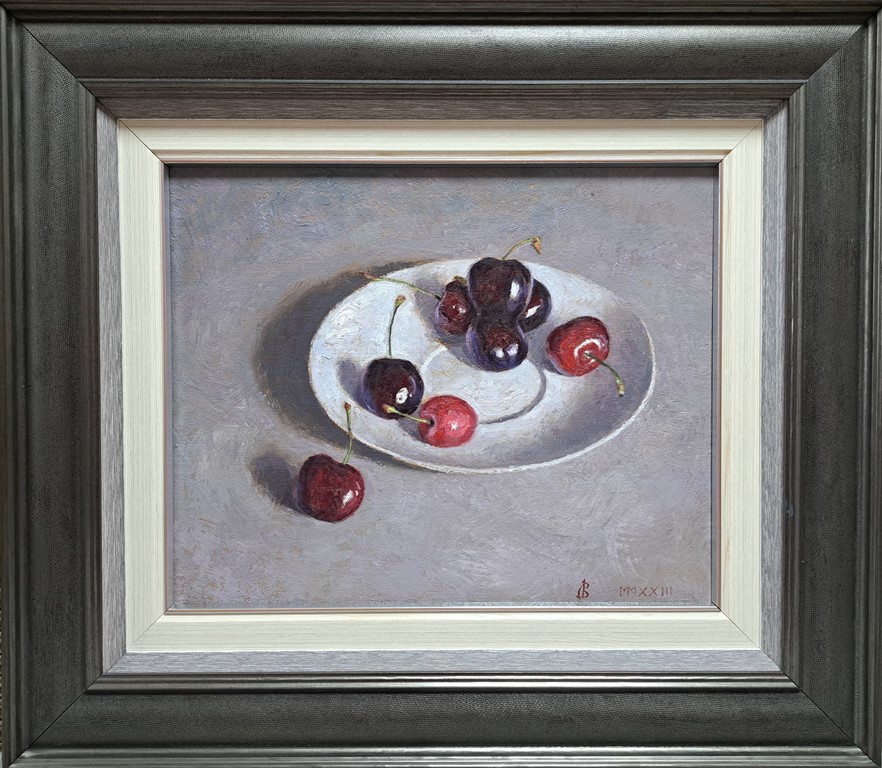 Trešnje-zapis, profesor Vasa Dolovački, 2023., ulje na platnu kaširano na lesonitu, sa 50×58 cm, bez 31×39 cm, sertifikat, 82600 dinara