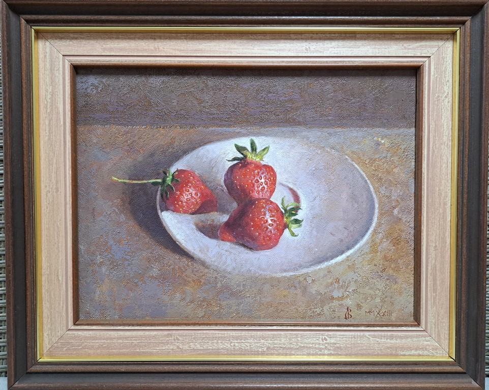 Tri jagode-zapis, profesor Vasa Dolovački, 2023., ulje na platnu, sa 43×53 cm, bez 30×40 cm, sertifikat, 82600 dinara